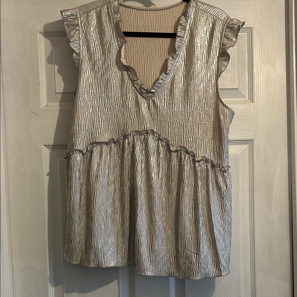 Source Unknown Metallic Silver Ruffle V-Neck Camisole